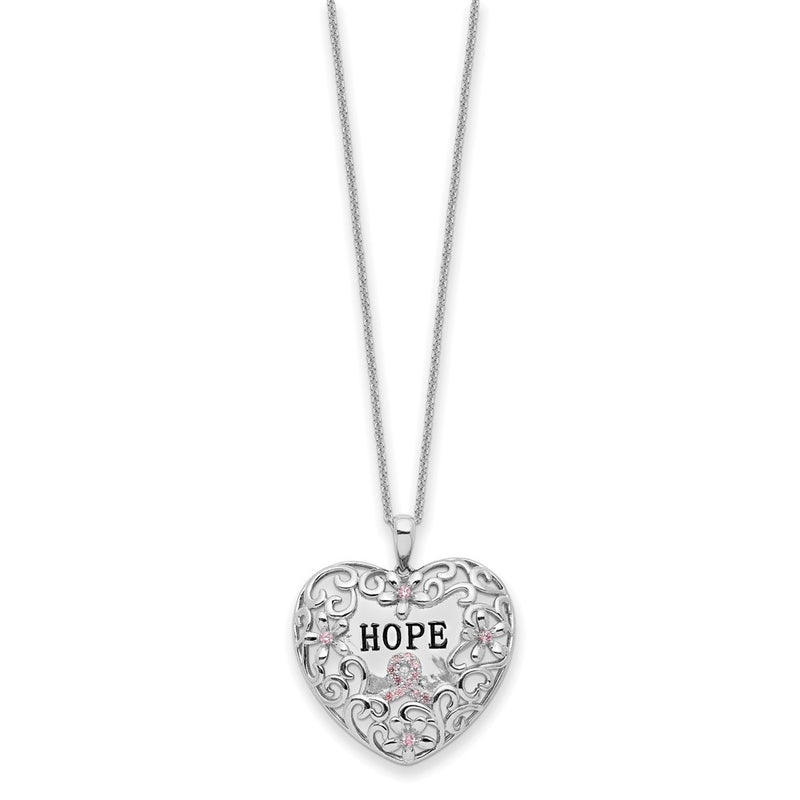 Sterling Silver Sentimental Expressions Rhodium-Plated Pink Cz Breast Cancer Heart 18In Necklace