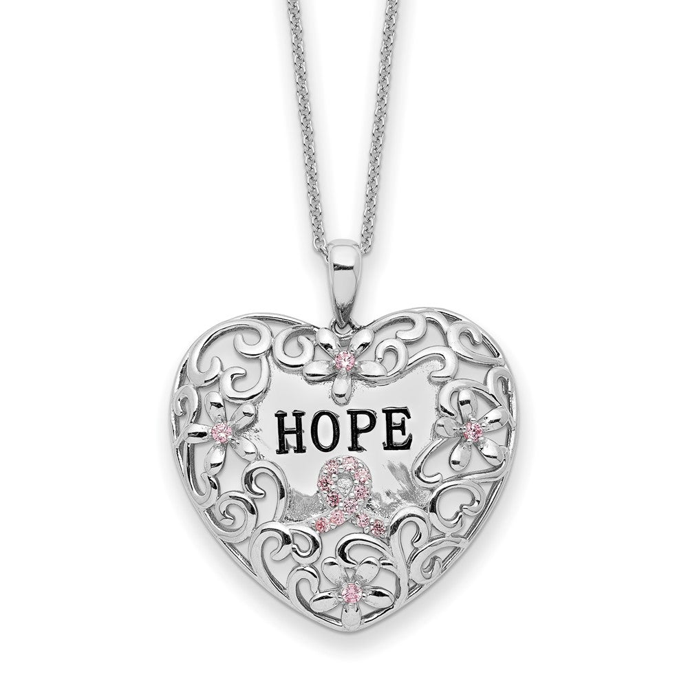 Sterling Silver Sentimental Expressions Rhodium-Plated Pink Cz Breast Cancer Heart 18In Necklace