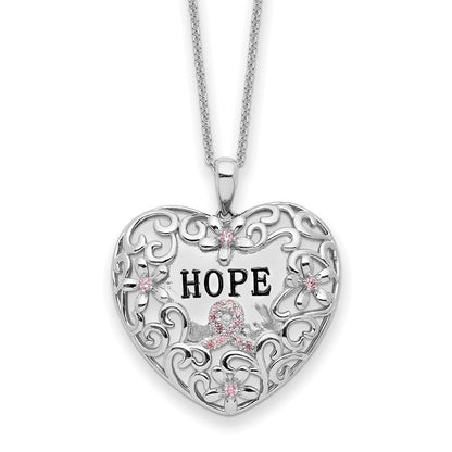 Sterling Silver Sentimental Expressions Rhodium-Plated Pink Cz Breast Cancer Heart 18In Necklace