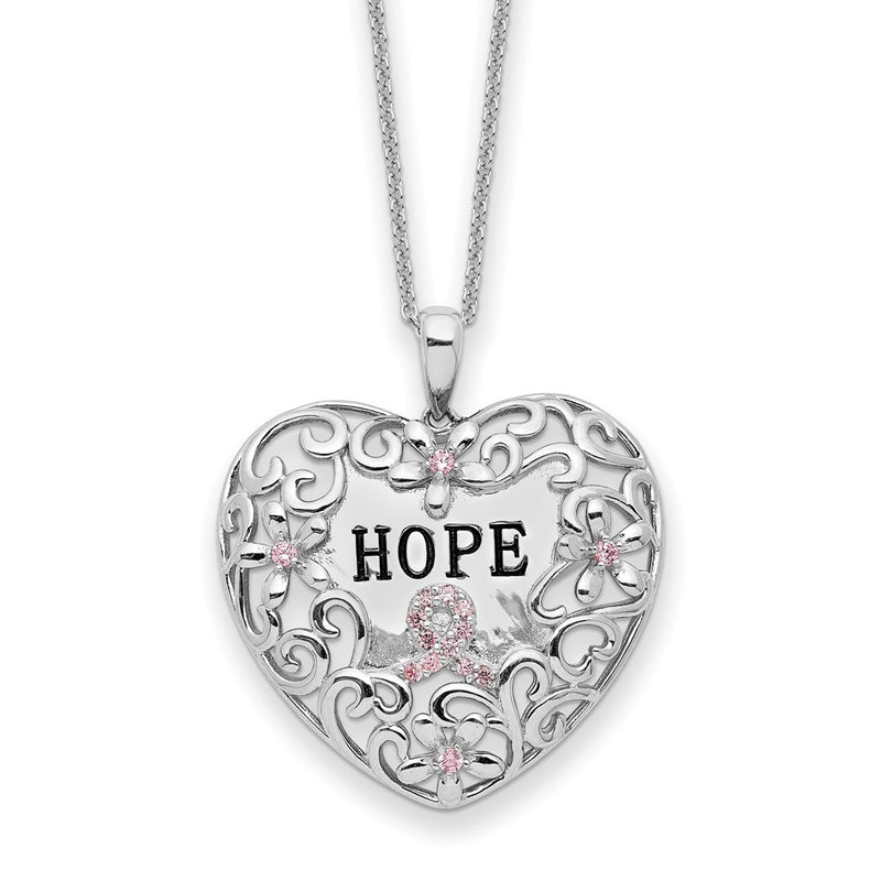 Sterling Silver Sentimental Expressions Rhodium-Plated Pink Cz Breast Cancer Heart 18In Necklace