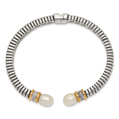 14K/Silver Two-Tone Shey Couture Sterling Silver With 14K Accent Antiqued 10X7.5mm Freshwater Cultured Pearl And Diamond Hinged Cuff Bracelet