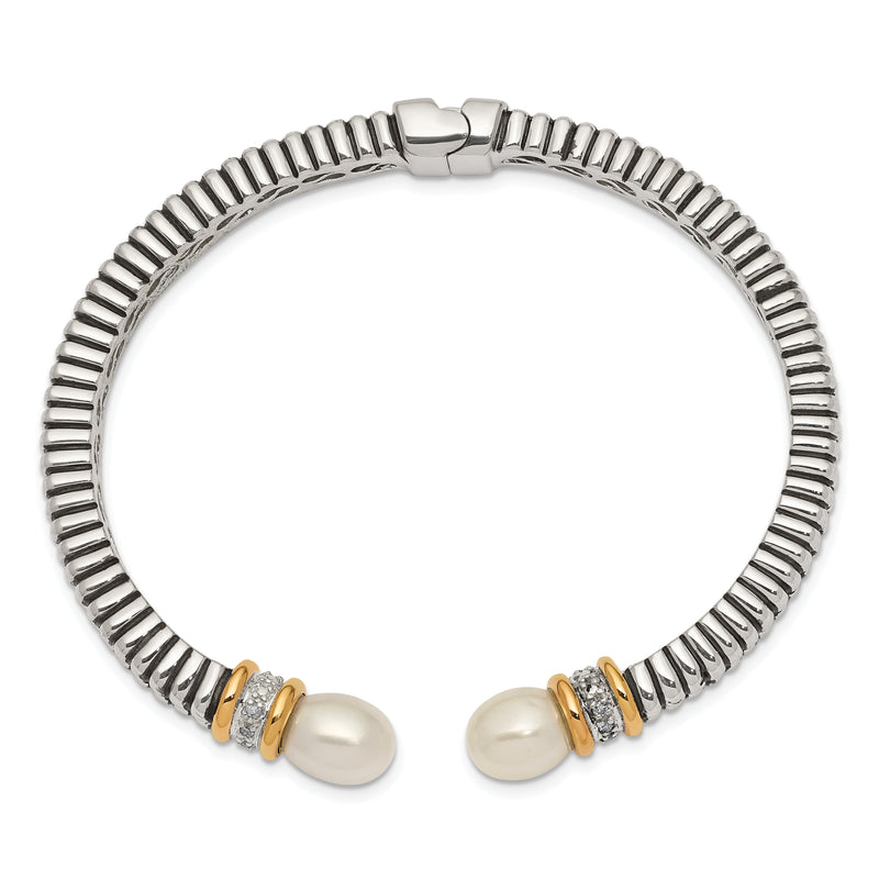 14K/Silver Two-Tone Shey Couture Sterling Silver With 14K Accent Antiqued 10X7.5mm Freshwater Cultured Pearl And Diamond Hinged Cuff Bracelet