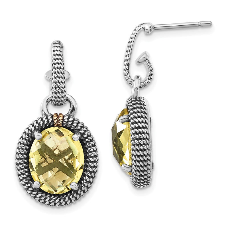 14K/Silver Two-Tone Sterling Silver W/14K Accent Polished & Antiqued Oval Lemon Quartz Post Dangle Earrings