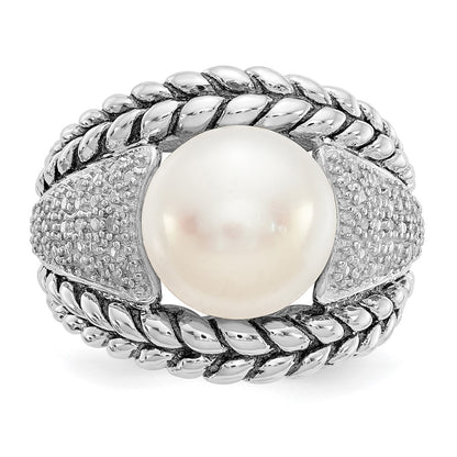 Sterling Silver Shey Couture Antiqued Freshwater Cultured Pearl And Diamond Ring