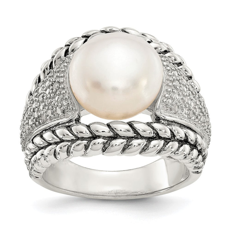 Sterling Silver Shey Couture Antiqued Freshwater Cultured Pearl And Diamond Ring