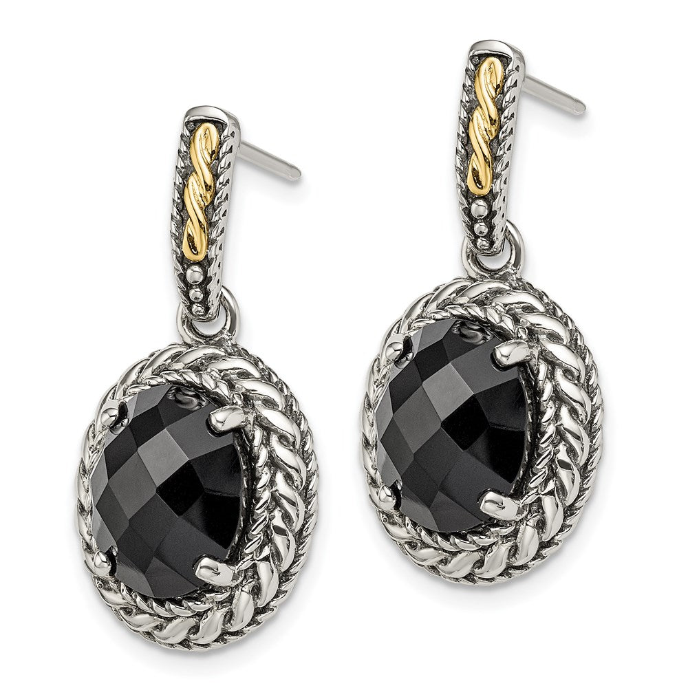 14K/Silver Two-Tone Shey Couture Sterling Silver With 14K Accent Antiqued Checkerboard-Cut Black Onyx Post Dangle Earrings