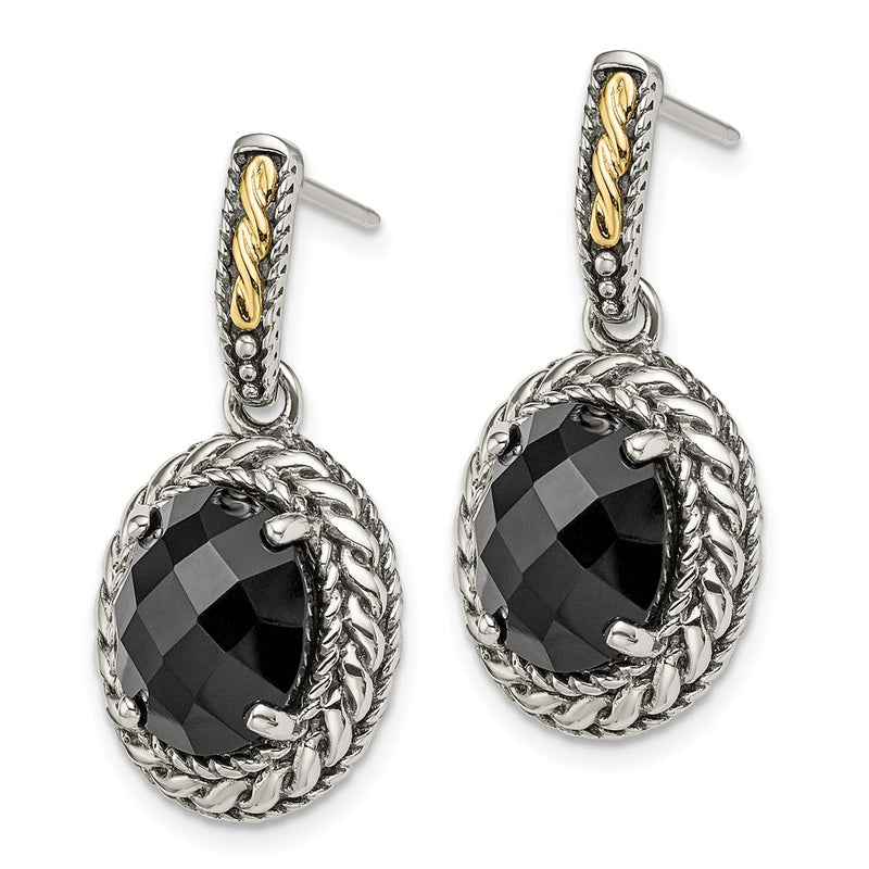 14K/Silver Two-Tone Shey Couture Sterling Silver With 14K Accent Antiqued Checkerboard-Cut Black Onyx Post Dangle Earrings