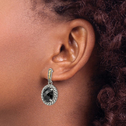 14K/Silver Two-Tone Shey Couture Sterling Silver With 14K Accent Antiqued Checkerboard-Cut Black Onyx Post Dangle Earrings