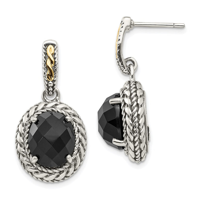 14K/Silver Two-Tone Shey Couture Sterling Silver With 14K Accent Antiqued Checkerboard-Cut Black Onyx Post Dangle Earrings