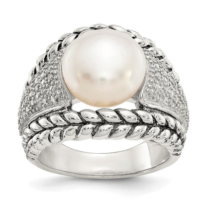 Sterling Silver Shey Couture Antiqued Freshwater Cultured Pearl And Diamond Ring