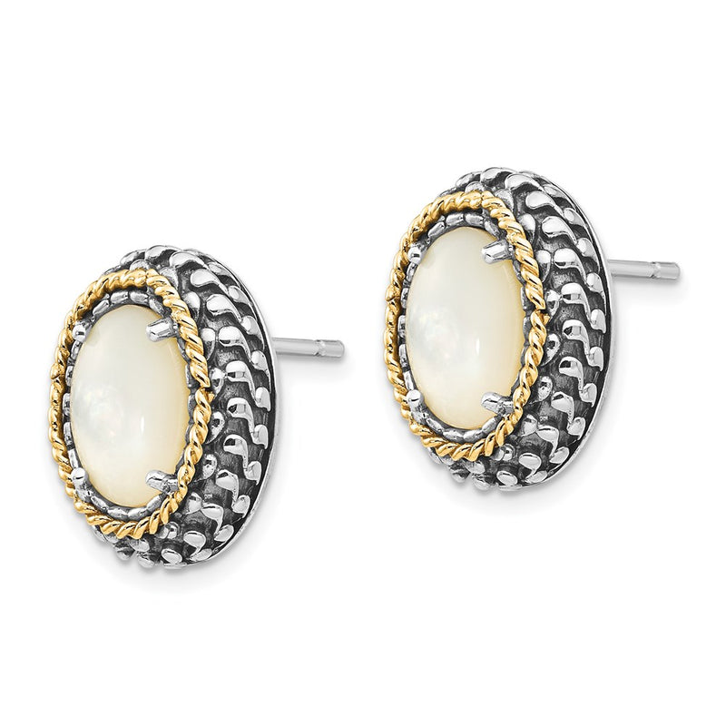 14K/Silver Two-Tone Shey Couture Sterling Silver With 14K Accent Antiqued Mother Of Pearl Post Earrings
