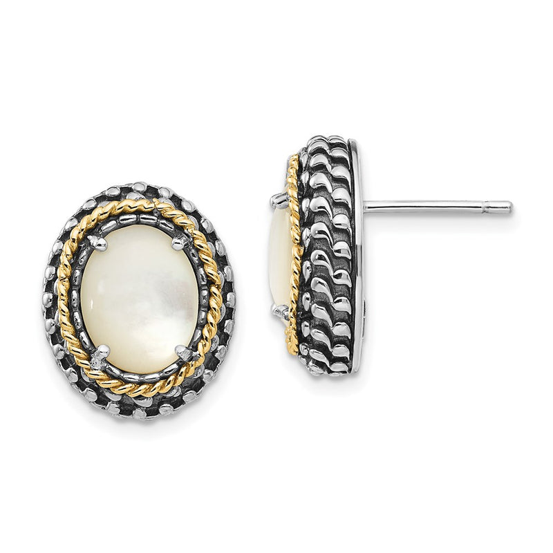 14K/Silver Two-Tone Shey Couture Sterling Silver With 14K Accent Antiqued Mother Of Pearl Post Earrings