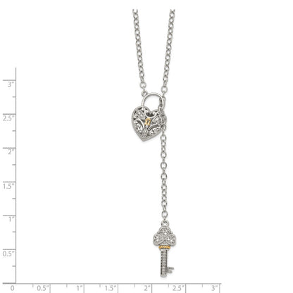 14K/Silver Two-Tone Shey Couture Sterling Silver Rhodium-Plated With 14K Accent 18 Inch Diamond Heart Lock And Key Necklace