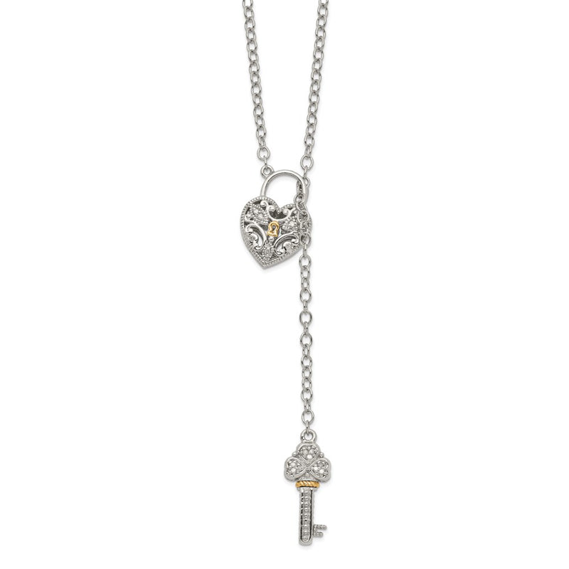14K/Silver Two-Tone Shey Couture Sterling Silver Rhodium-Plated With 14K Accent 18 Inch Diamond Heart Lock And Key Necklace