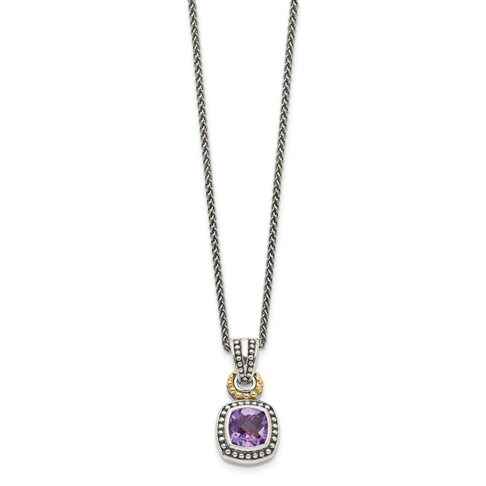 14K/Silver Two-Tone Shey Couture Sterling Silver With 14K Accent 18 Inch Antiqued Cushion Bezel Amethyst Necklace