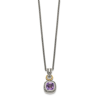 14K/Silver Two-Tone Shey Couture Sterling Silver With 14K Accent 18 Inch Antiqued Cushion Bezel Amethyst Necklace