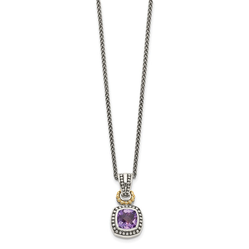 14K/Silver Two-Tone Shey Couture Sterling Silver With 14K Accent 18 Inch Antiqued Cushion Bezel Amethyst Necklace