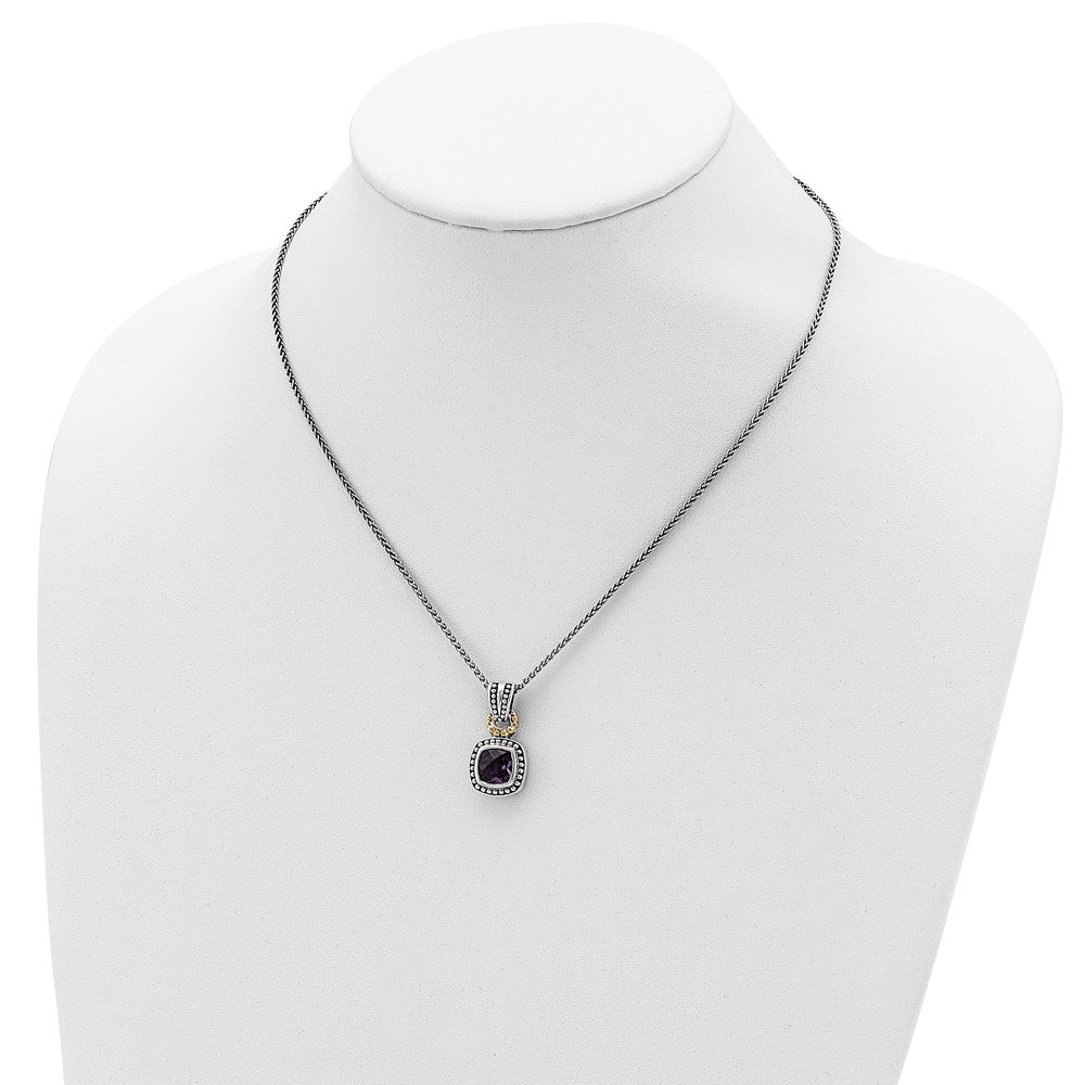14K/Silver Two-Tone Shey Couture Sterling Silver With 14K Accent 18 Inch Antiqued Cushion Bezel Amethyst Necklace