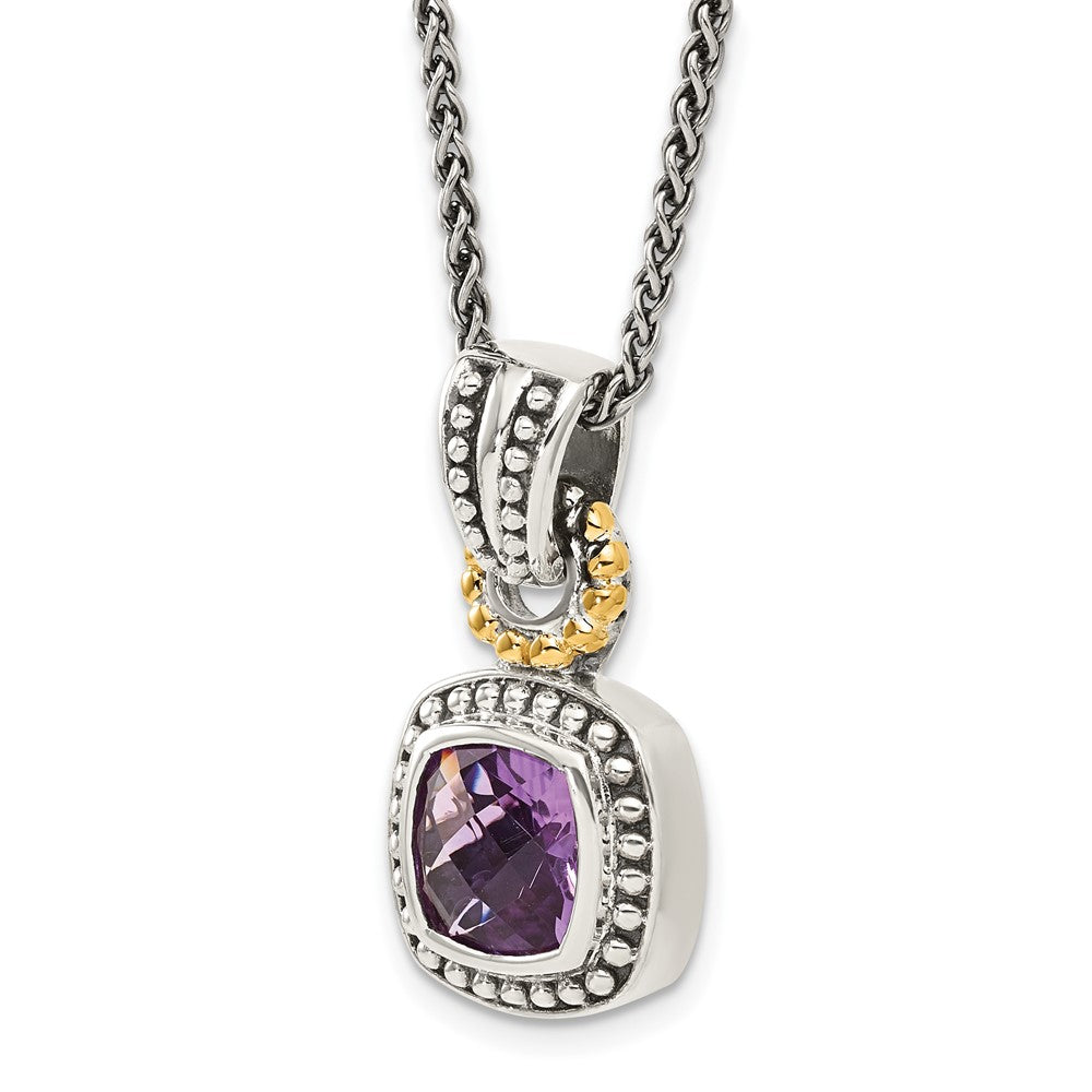 14K/Silver Two-Tone Shey Couture Sterling Silver With 14K Accent 18 Inch Antiqued Cushion Bezel Amethyst Necklace