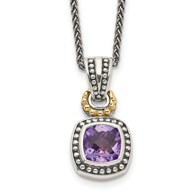 14K/Silver Two-Tone Shey Couture Sterling Silver With 14K Accent 18 Inch Antiqued Cushion Bezel Amethyst Necklace