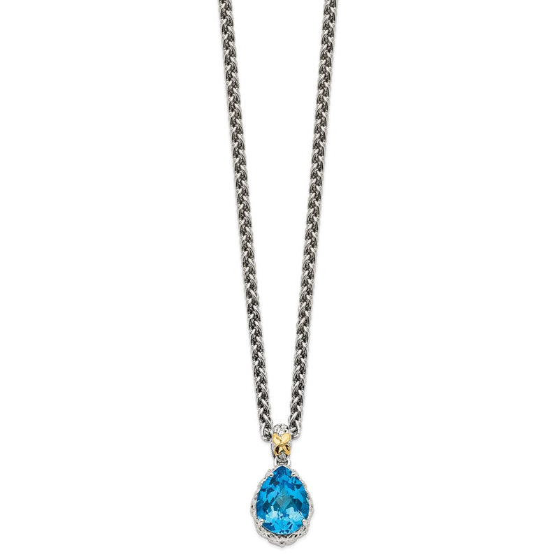 14K/Silver Two-Tone Shey Couture Sterling Silver Rhodium-Plated With 14K Accent 18 Inch Antiqued Pear Shaped Blue Topaz Necklace