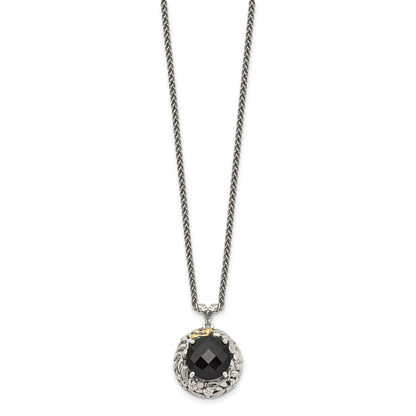 14K/Silver Two-Tone Shey Couture Sterling Silver With 14K Accent 18 Inch Antiqued Checkerboard-Cut Black Onyx Necklace