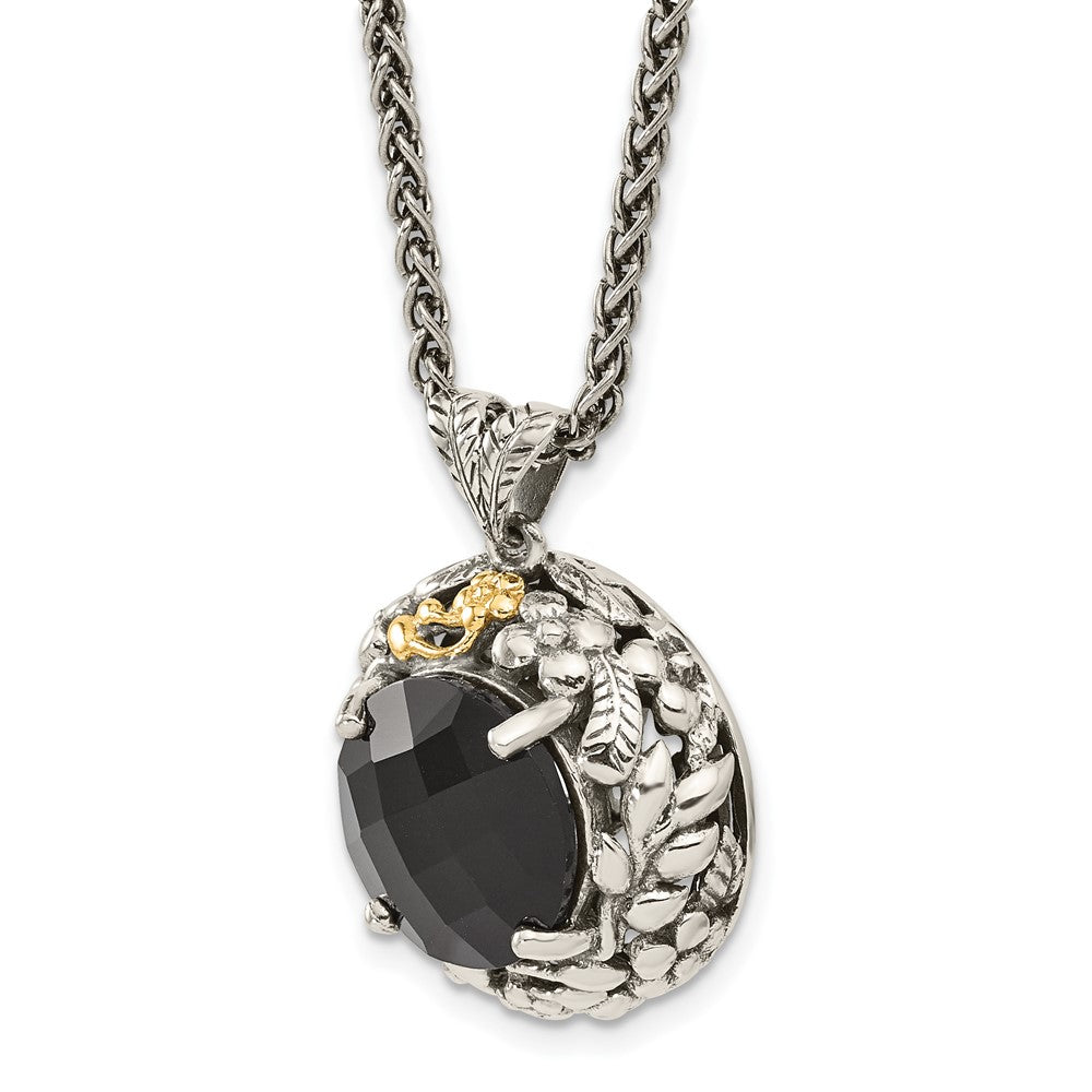 14K/Silver Two-Tone Shey Couture Sterling Silver With 14K Accent 18 Inch Antiqued Checkerboard-Cut Black Onyx Necklace