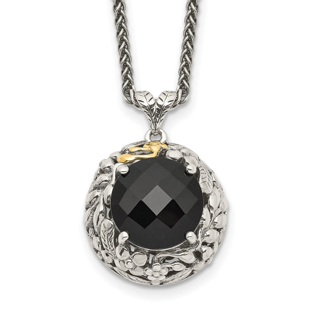 14K/Silver Two-Tone Shey Couture Sterling Silver With 14K Accent 18 Inch Antiqued Checkerboard-Cut Black Onyx Necklace
