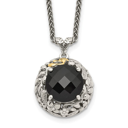 14K/Silver Two-Tone Shey Couture Sterling Silver With 14K Accent 18 Inch Antiqued Checkerboard-Cut Black Onyx Necklace