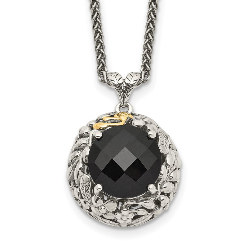 14K/Silver Two-Tone Shey Couture Sterling Silver With 14K Accent 18 Inch Antiqued Checkerboard-Cut Black Onyx Necklace