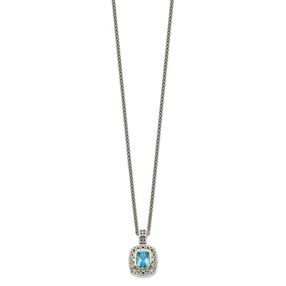 14K/Silver Two-Tone Shey Couture Sterling Silver With 14K Accent 18 Inch Antiqued Cushion Bezel Light Swiss Blue Topaz Necklace