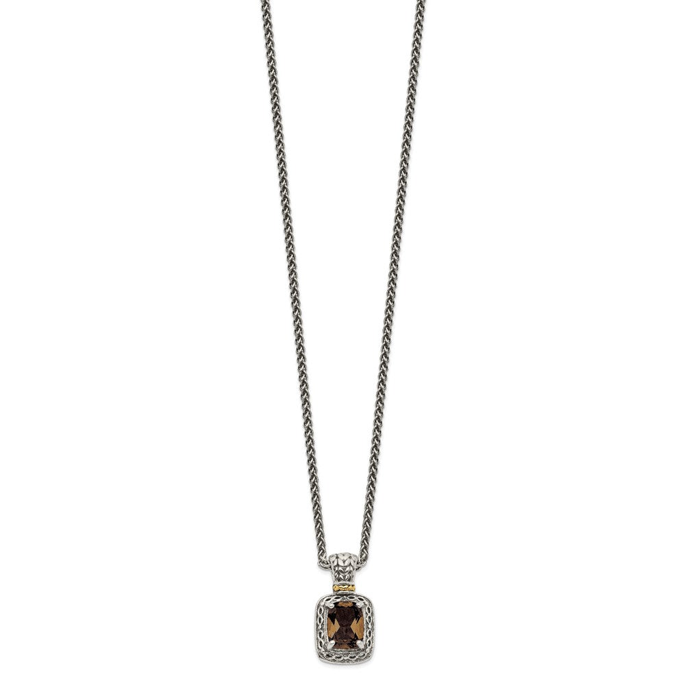 14K/Silver Two-Tone Shey Couture Sterling Silver With 14K Accent 18 Inch Antiqued Cushion Checkerboard Smoky Quartz Necklace