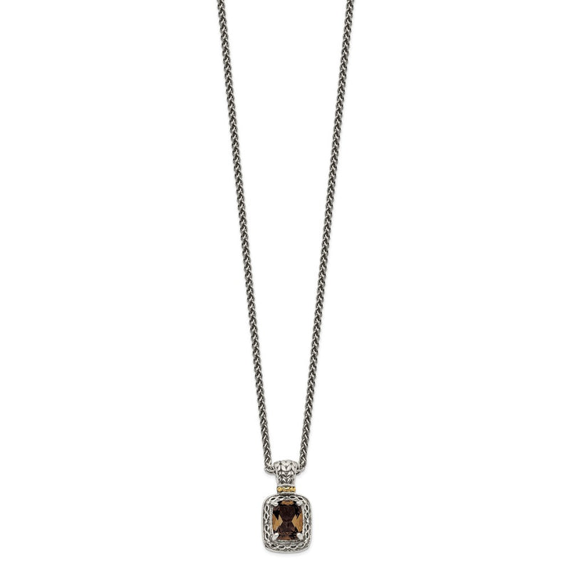 14K/Silver Two-Tone Shey Couture Sterling Silver With 14K Accent 18 Inch Antiqued Cushion Checkerboard Smoky Quartz Necklace