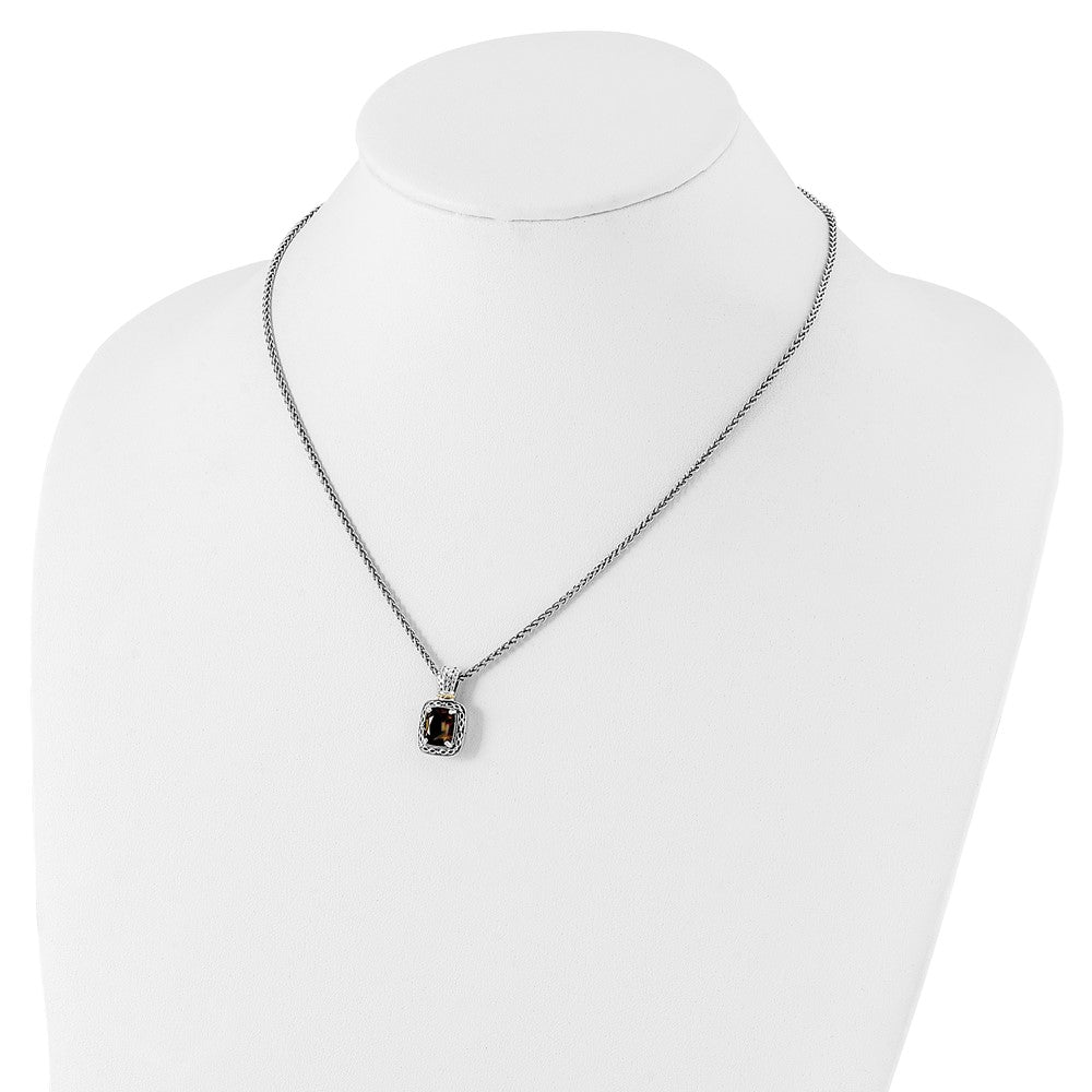 14K/Silver Two-Tone Shey Couture Sterling Silver With 14K Accent 18 Inch Antiqued Cushion Checkerboard Smoky Quartz Necklace
