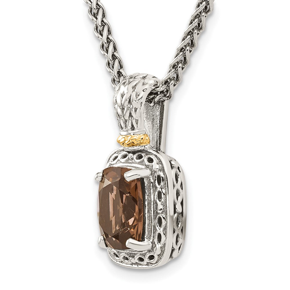 14K/Silver Two-Tone Shey Couture Sterling Silver With 14K Accent 18 Inch Antiqued Cushion Checkerboard Smoky Quartz Necklace