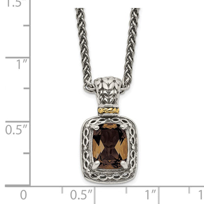 14K/Silver Two-Tone Shey Couture Sterling Silver With 14K Accent 18 Inch Antiqued Cushion Checkerboard Smoky Quartz Necklace