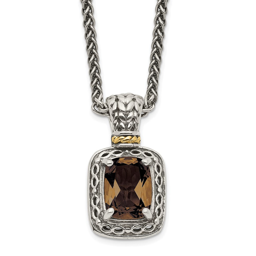 14K/Silver Two-Tone Shey Couture Sterling Silver With 14K Accent 18 Inch Antiqued Cushion Checkerboard Smoky Quartz Necklace