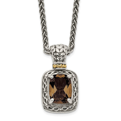 14K/Silver Two-Tone Shey Couture Sterling Silver With 14K Accent 18 Inch Antiqued Cushion Checkerboard Smoky Quartz Necklace