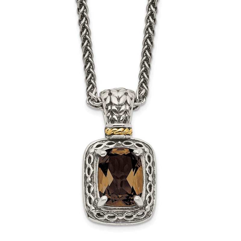 14K/Silver Two-Tone Shey Couture Sterling Silver With 14K Accent 18 Inch Antiqued Cushion Checkerboard Smoky Quartz Necklace