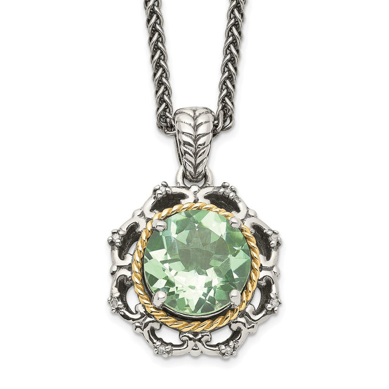 14K/Silver Two-Tone Shey Couture Sterling Silver With 14K Accent 18 Inch Antiqued Round Green Quartz And Diamond Necklace