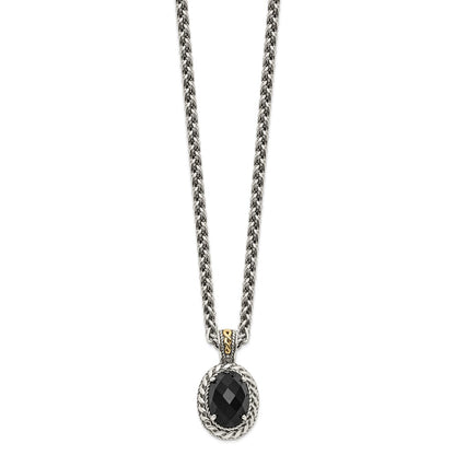 14K/Silver Two-Tone Shey Couture Sterling Silver With 14K Accent 18 Inch Antiqued Checkerboard-Cut Black Onyx Necklace