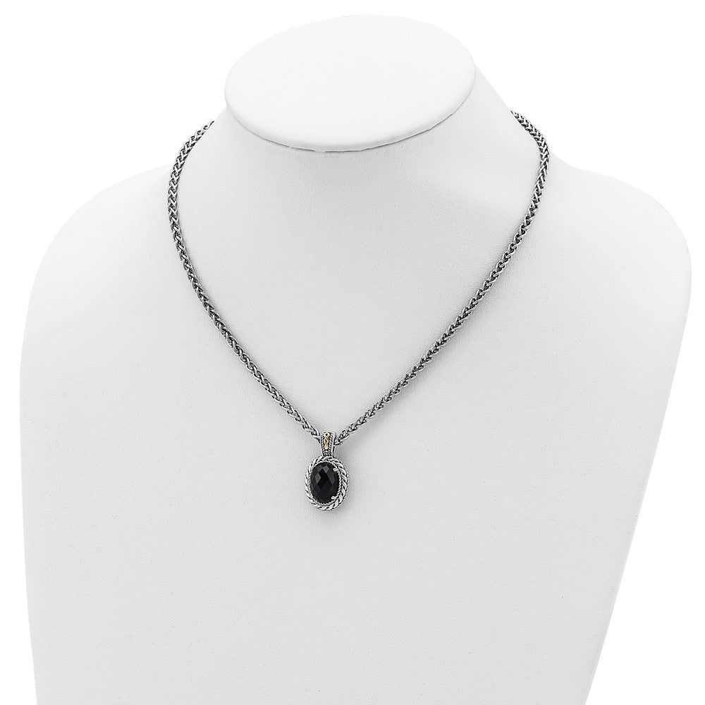 14K/Silver Two-Tone Shey Couture Sterling Silver With 14K Accent 18 Inch Antiqued Checkerboard-Cut Black Onyx Necklace