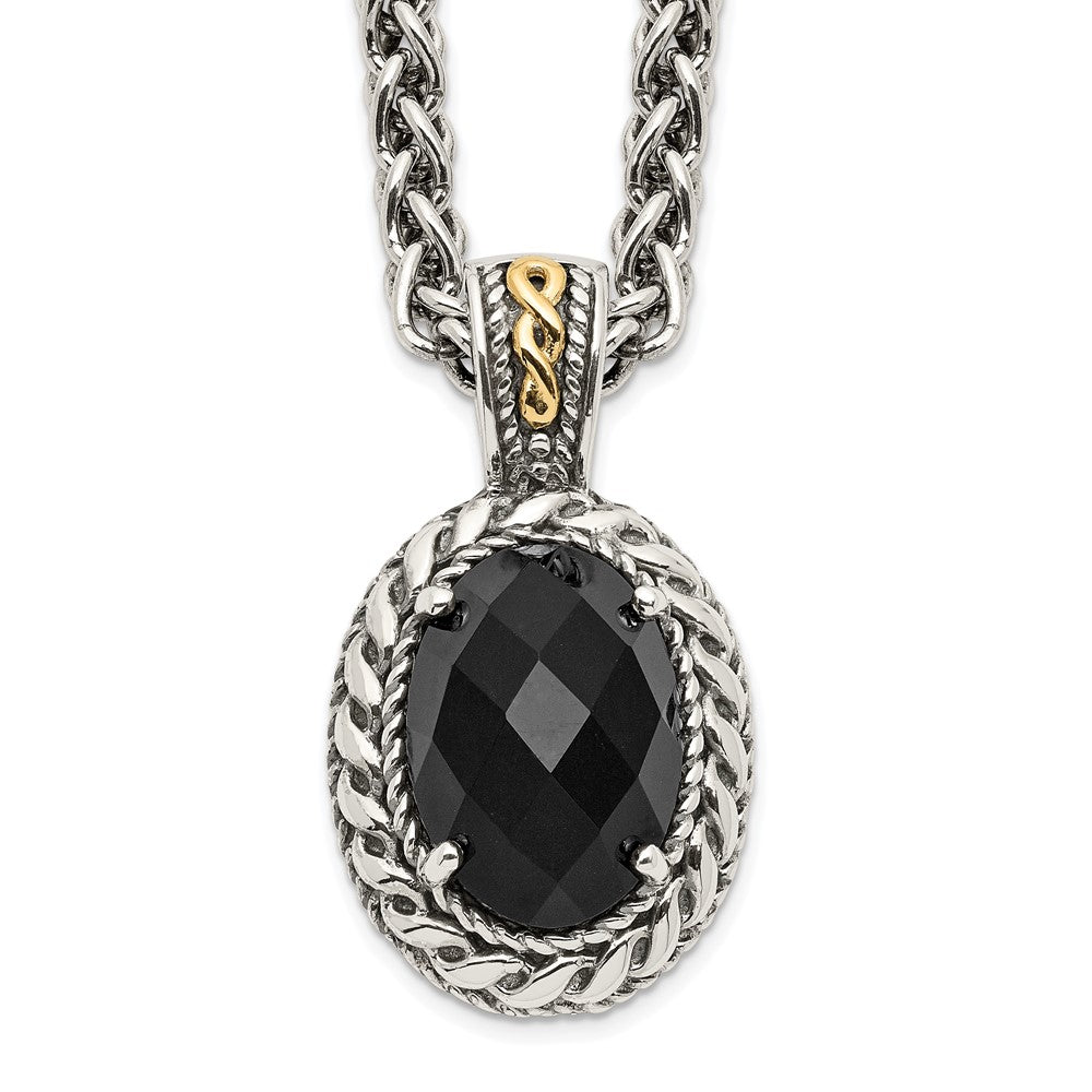 14K/Silver Two-Tone Shey Couture Sterling Silver With 14K Accent 18 Inch Antiqued Checkerboard-Cut Black Onyx Necklace