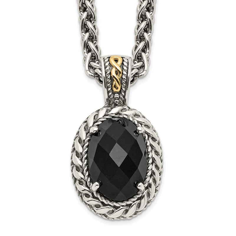 14K/Silver Two-Tone Shey Couture Sterling Silver With 14K Accent 18 Inch Antiqued Checkerboard-Cut Black Onyx Necklace
