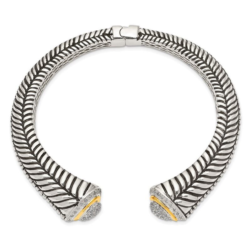 14K/Silver Two-Tone Shey Couture Sterling Silver With 14K Accent Antiqued 1/2 Carat Diamond Hinged Cuff Bracelet