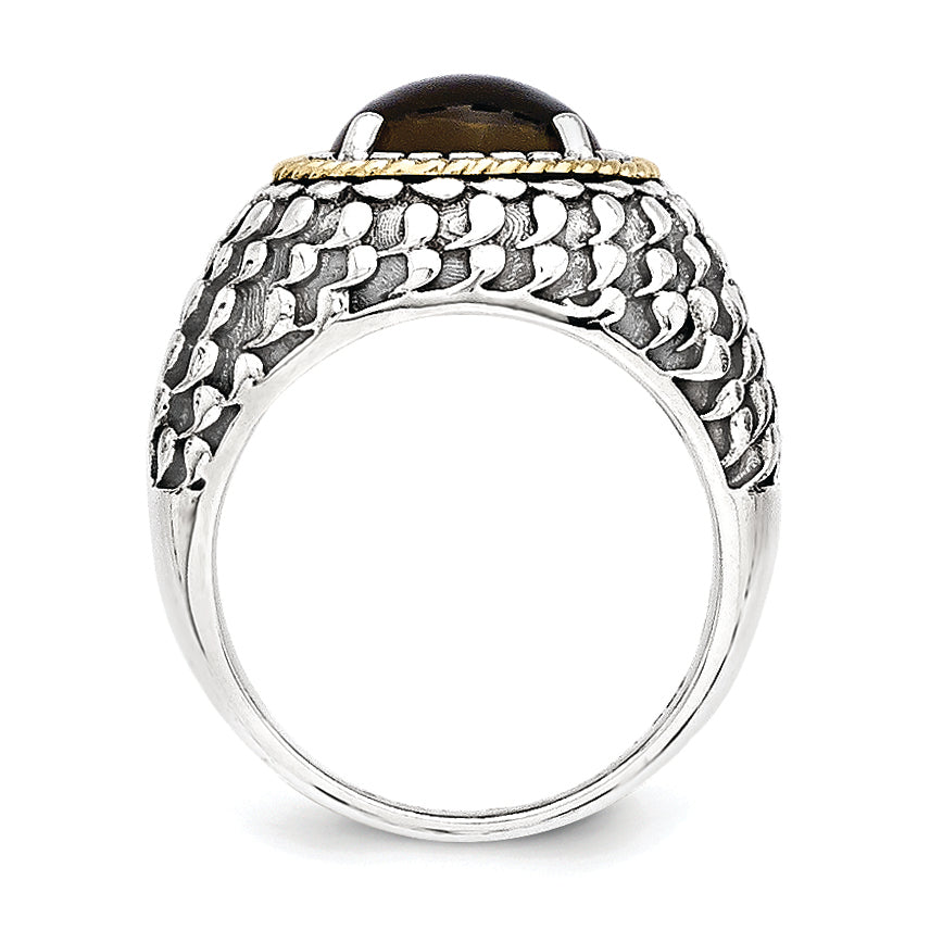14K/Silver Two Tone Sterling Silver 14K Antiqued Smoky Quartz Ring (Size 7 Only)