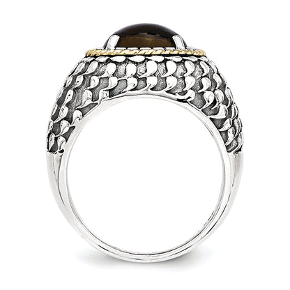 14K/Silver Two Tone Sterling Silver 14K Antiqued Smoky Quartz Ring (Size 7 Only)