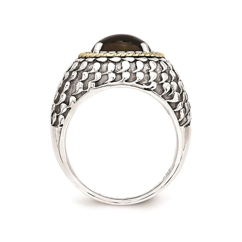 14K/Silver Two Tone Sterling Silver 14K Antiqued Smoky Quartz Ring (Size 7 Only)