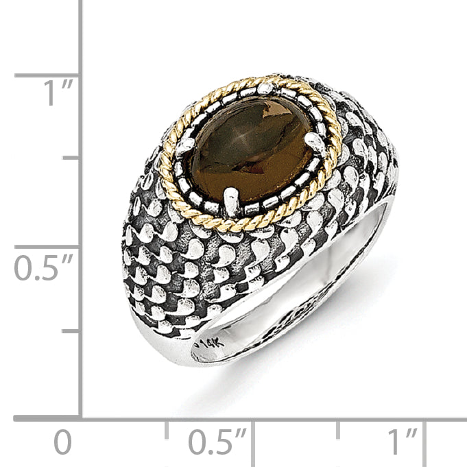 14K/Silver Two Tone Sterling Silver 14K Antiqued Smoky Quartz Ring (Size 7 Only)