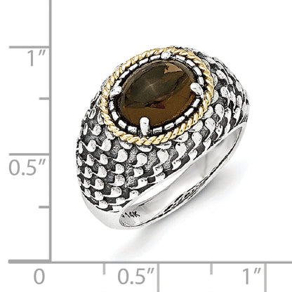 14K/Silver Two Tone Sterling Silver 14K Antiqued Smoky Quartz Ring (Size 7 Only)